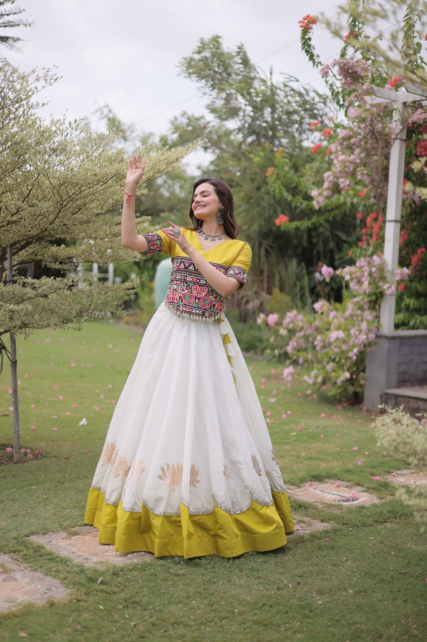 White and Yellow Lotus Gota Navratri Lehenga Choli with Kutchi Gamthi Top