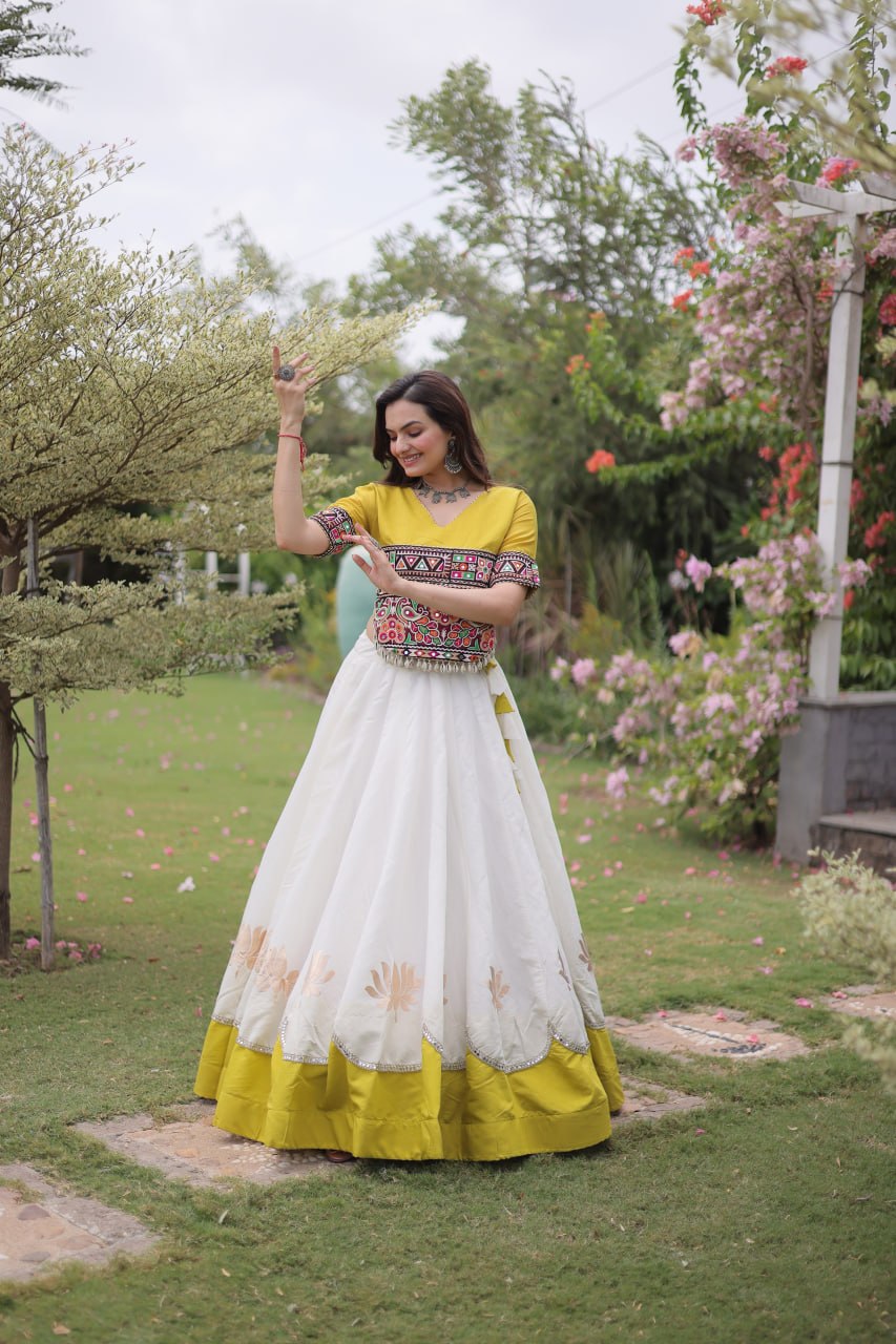 White and Yellow Lotus Gota Navratri Lehenga Choli with Kutchi Gamthi Top