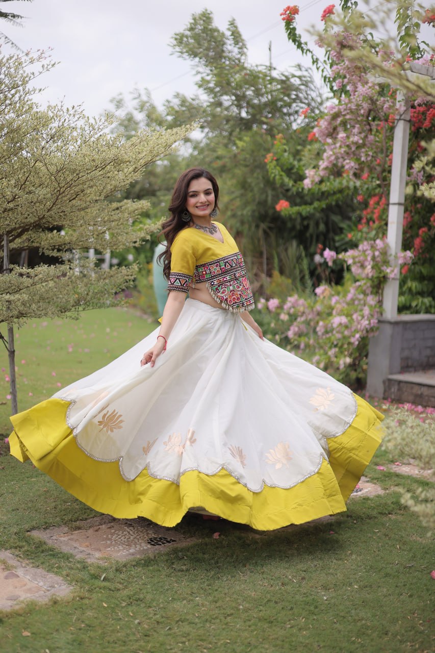 White and Yellow Lotus Gota Navratri Lehenga Choli with Kutchi Gamthi Top