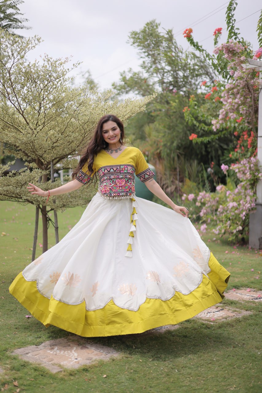 White and Yellow Lotus Gota Navratri Lehenga Choli with Kutchi Gamthi Top