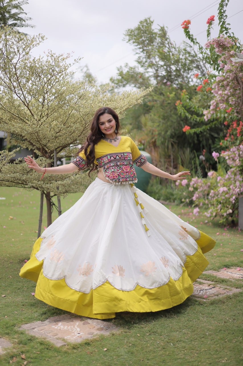 White and Yellow Lotus Gota Navratri Lehenga Choli with Kutchi Gamthi Top