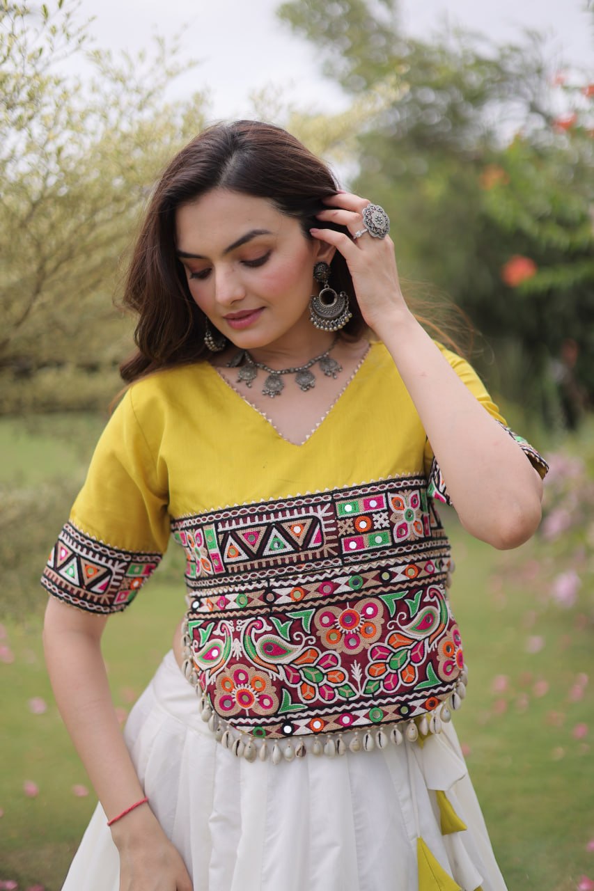 White and Yellow Lotus Gota Navratri Lehenga Choli with Kutchi Gamthi Top