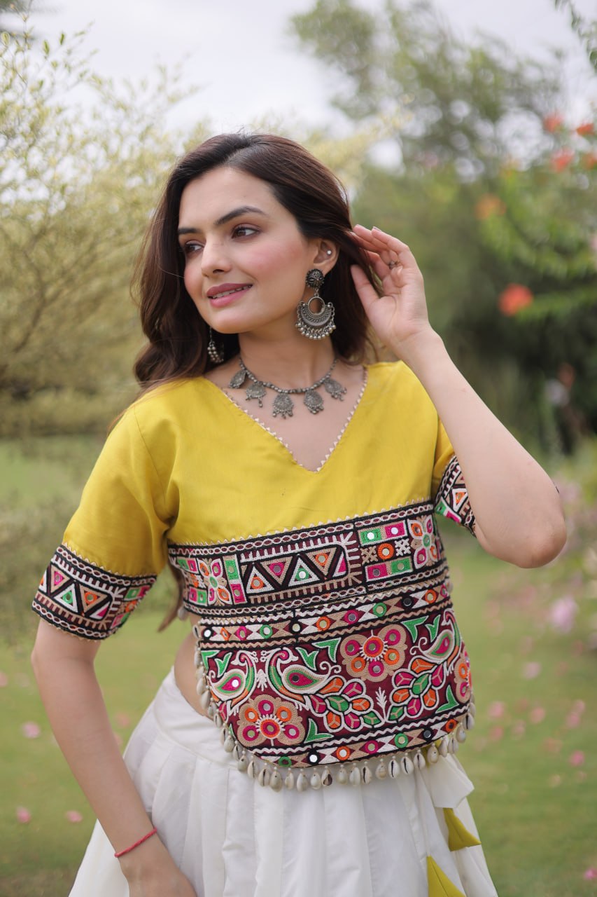 White and Yellow Lotus Gota Navratri Lehenga Choli with Kutchi Gamthi Top