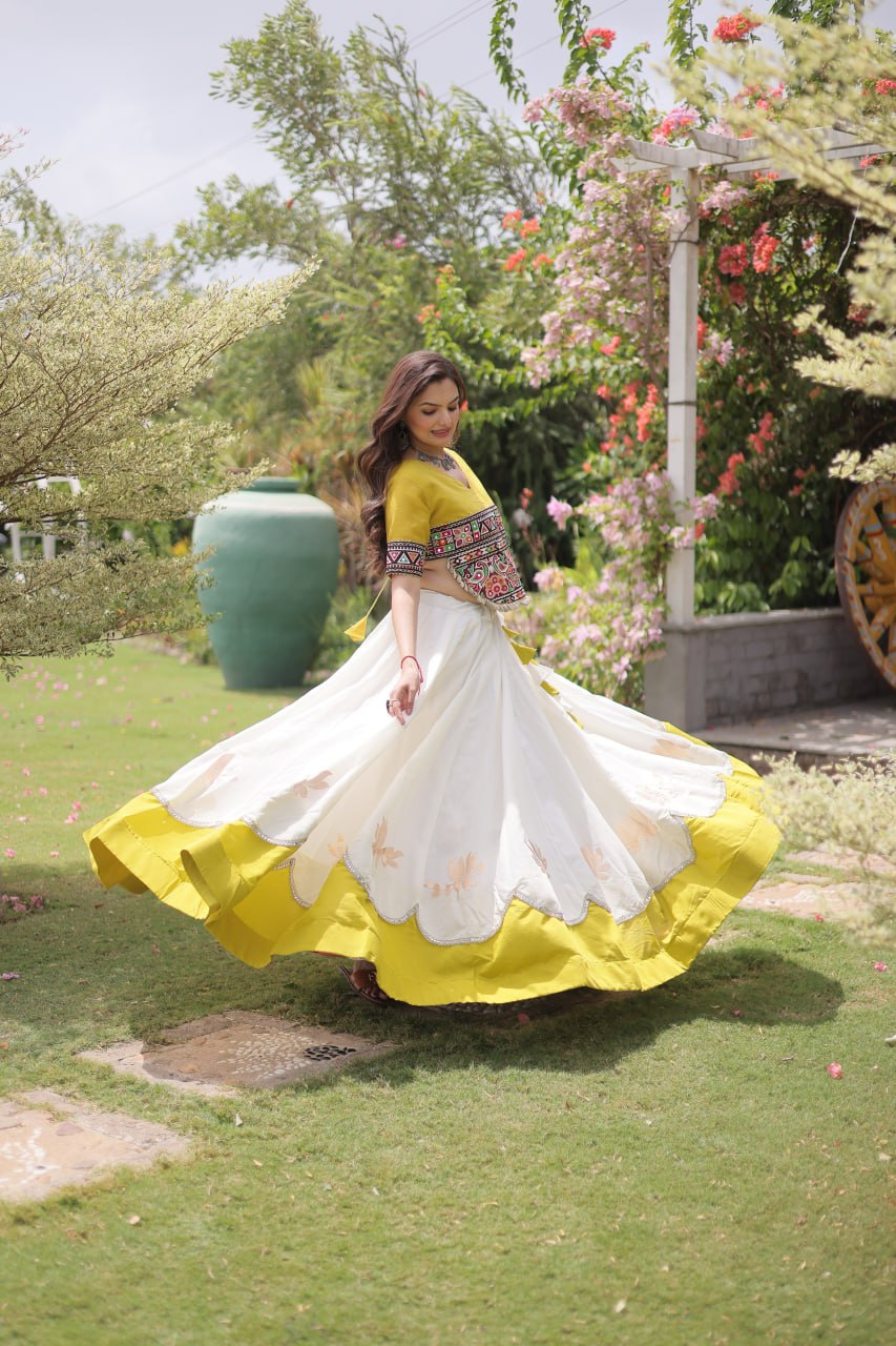 White and Yellow Lotus Gota Navratri Lehenga Choli with Kutchi Gamthi Top