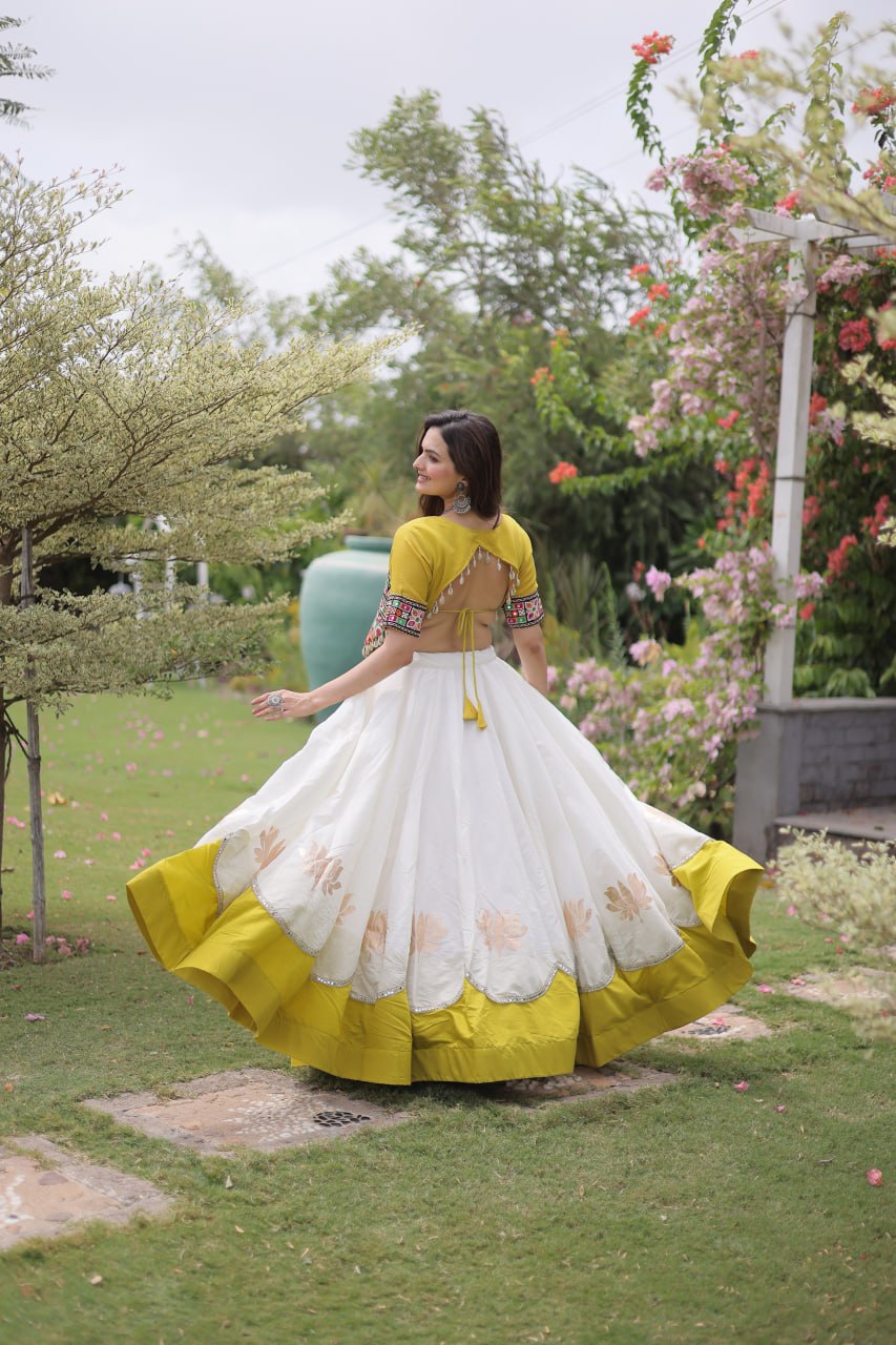 White and Yellow Lotus Gota Navratri Lehenga Choli with Kutchi Gamthi Top