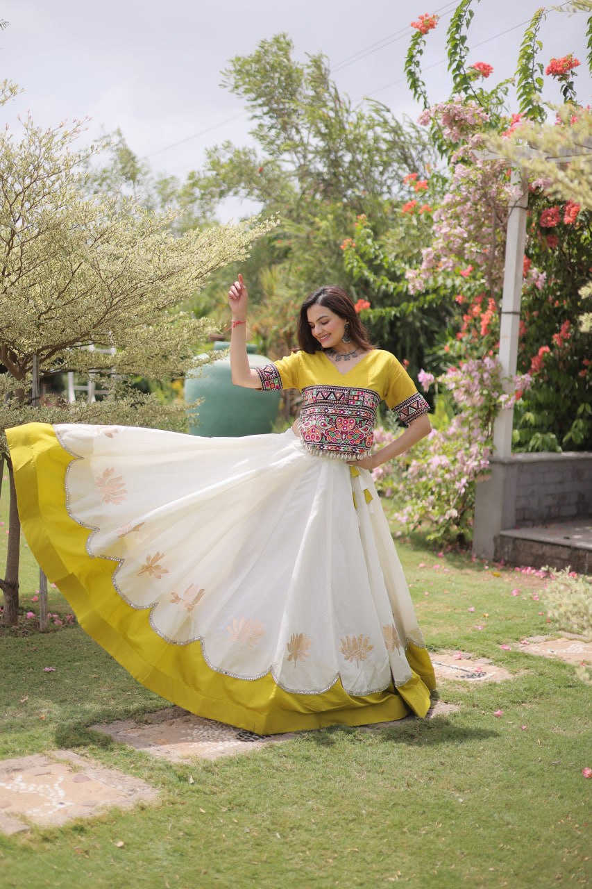 White and Yellow Lotus Gota Navratri Lehenga Choli with Kutchi Gamthi Top