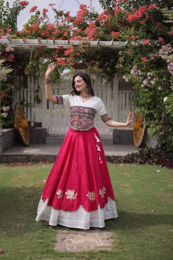 Pink and White Lotus Gota Navratri Lehenga Choli with Kutchi Gamthi Top