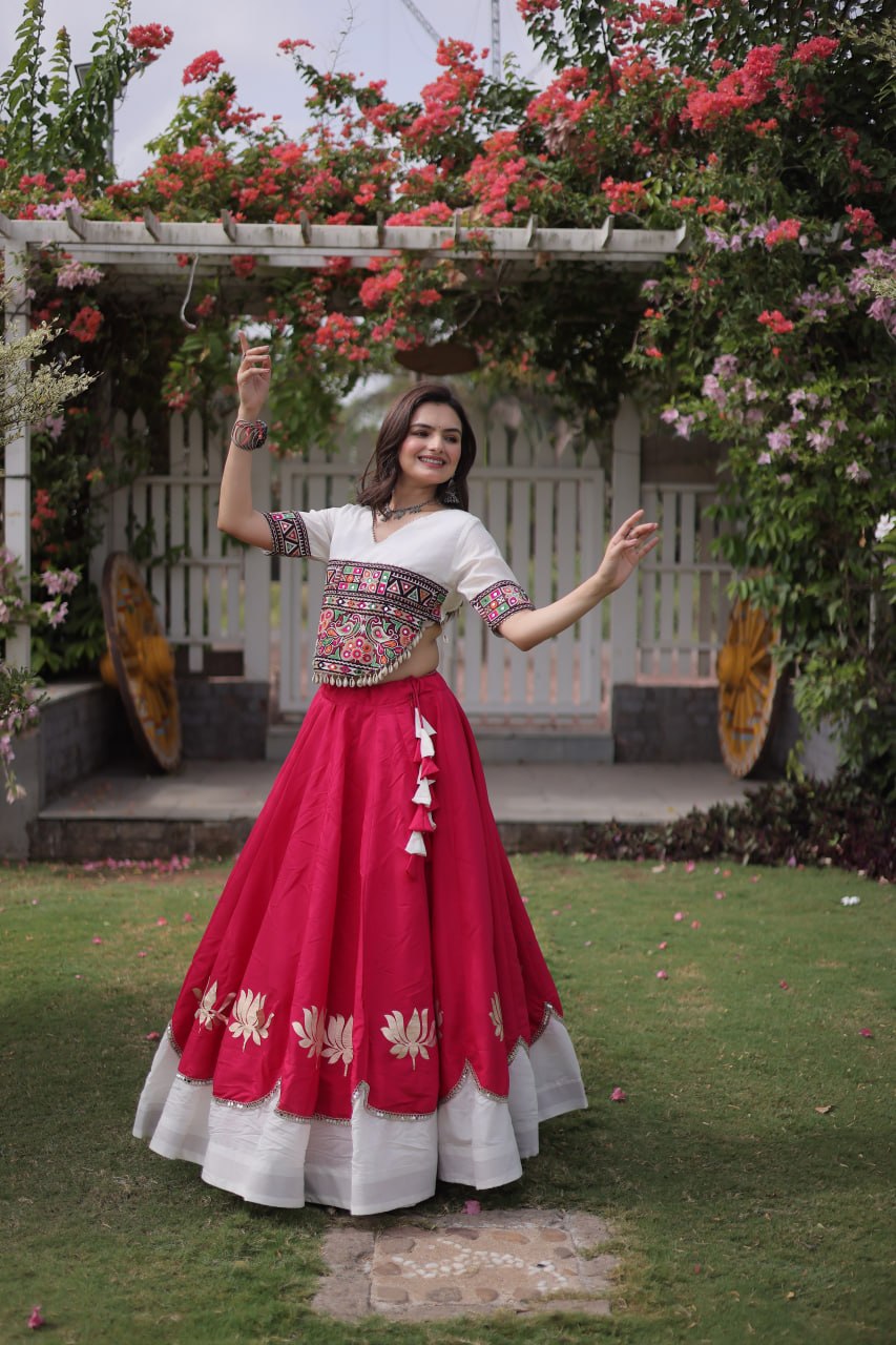 Pink and White Lotus Gota Navratri Lehenga Choli with Kutchi Gamthi Top