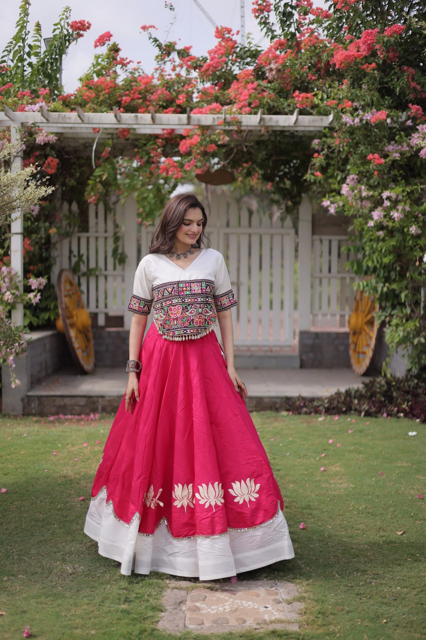 Pink and White Lotus Gota Navratri Lehenga Choli with Kutchi Gamthi Top