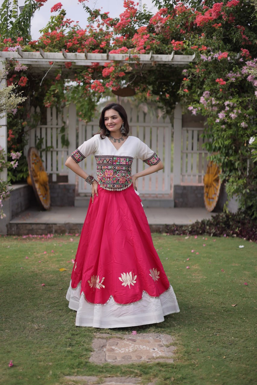 Pink and White Lotus Gota Navratri Lehenga Choli with Kutchi Gamthi Top