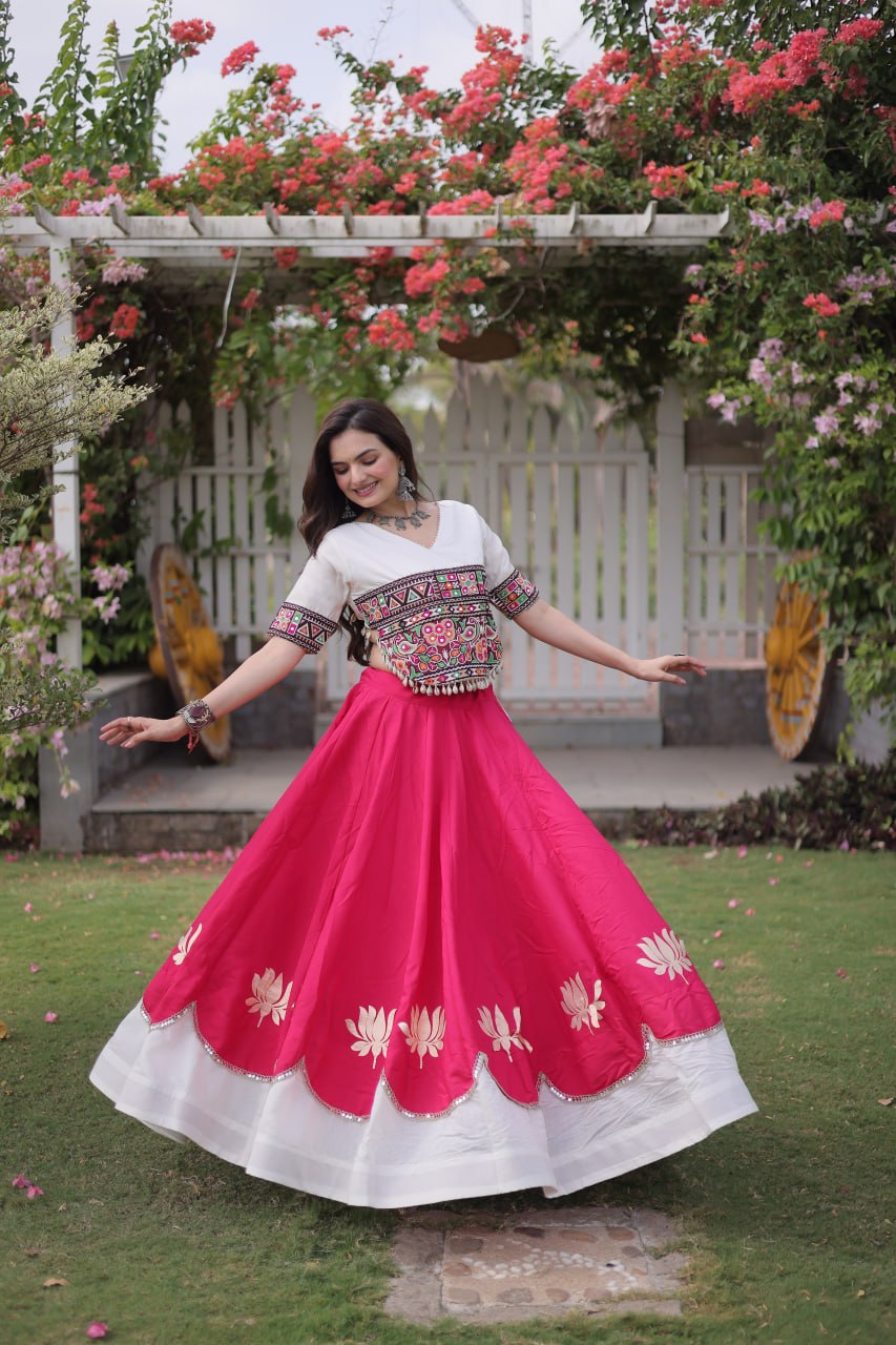 Pink and White Lotus Gota Navratri Lehenga Choli with Kutchi Gamthi Top