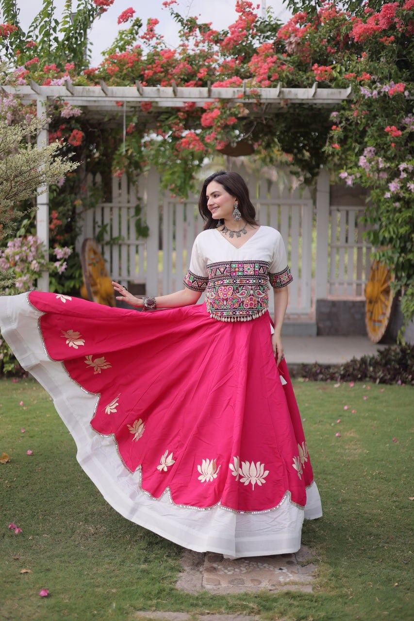 Pink and White Lotus Gota Navratri Lehenga Choli with Kutchi Gamthi Top