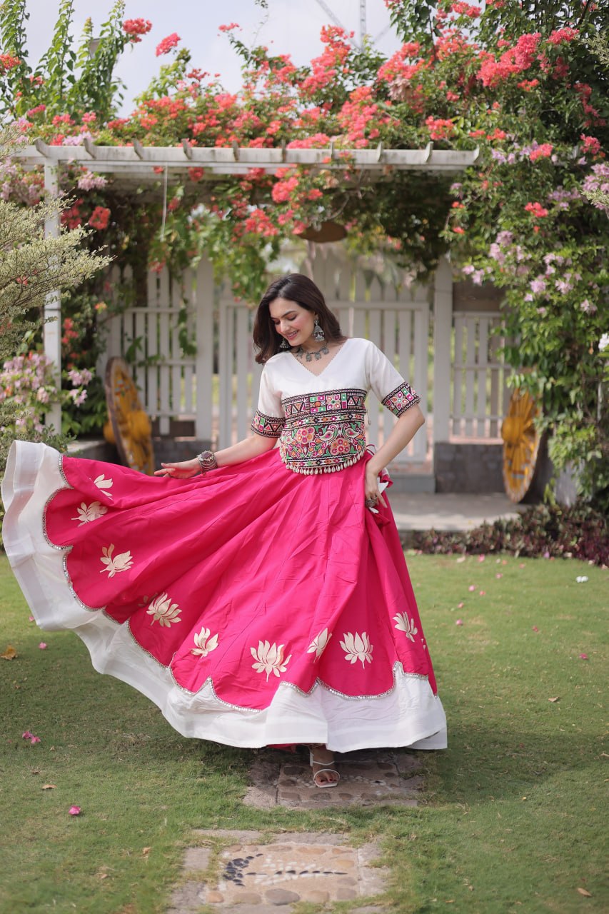Pink and White Lotus Gota Navratri Lehenga Choli with Kutchi Gamthi Top