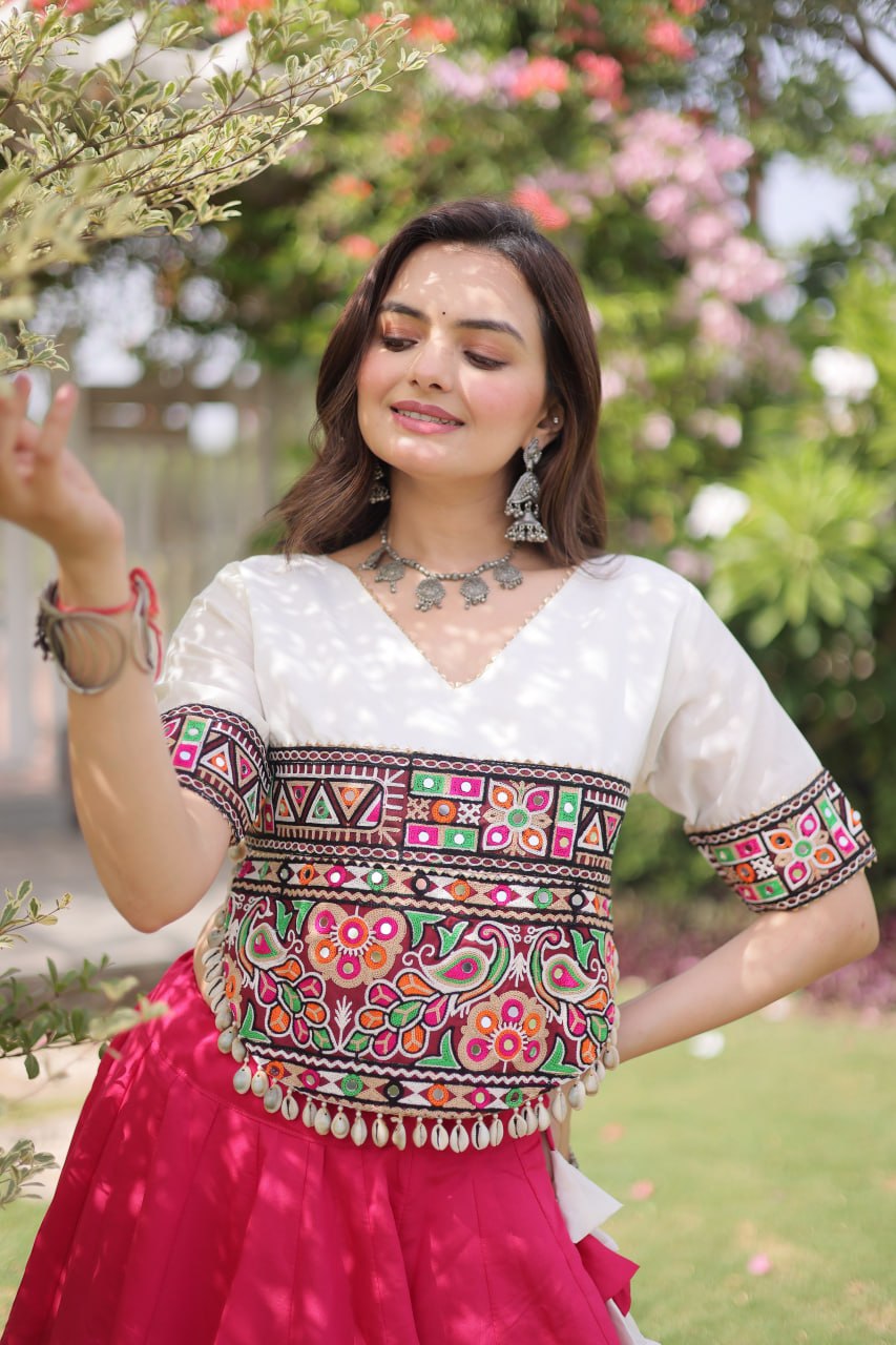 Pink and White Lotus Gota Navratri Lehenga Choli with Kutchi Gamthi Top