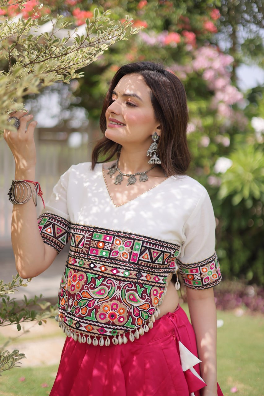 Pink and White Lotus Gota Navratri Lehenga Choli with Kutchi Gamthi Top