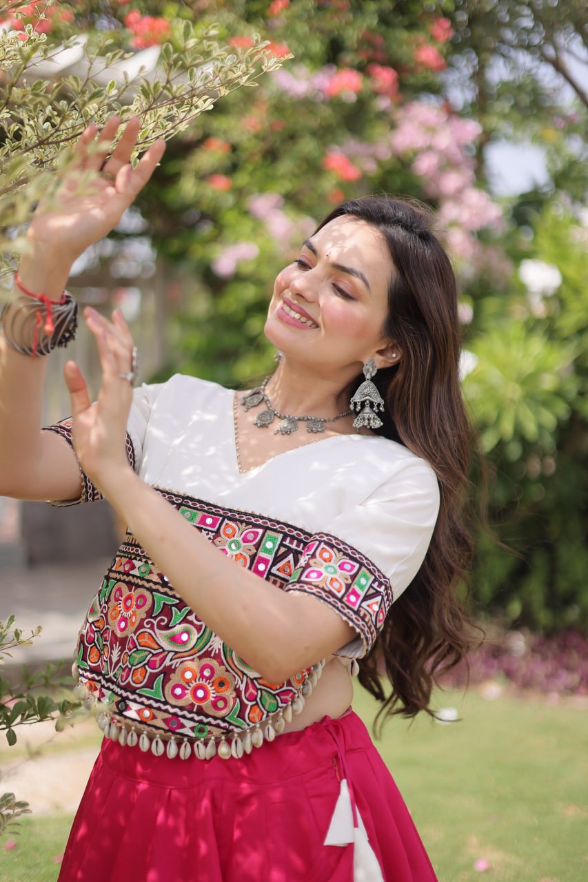 Pink and White Lotus Gota Navratri Lehenga Choli with Kutchi Gamthi Top