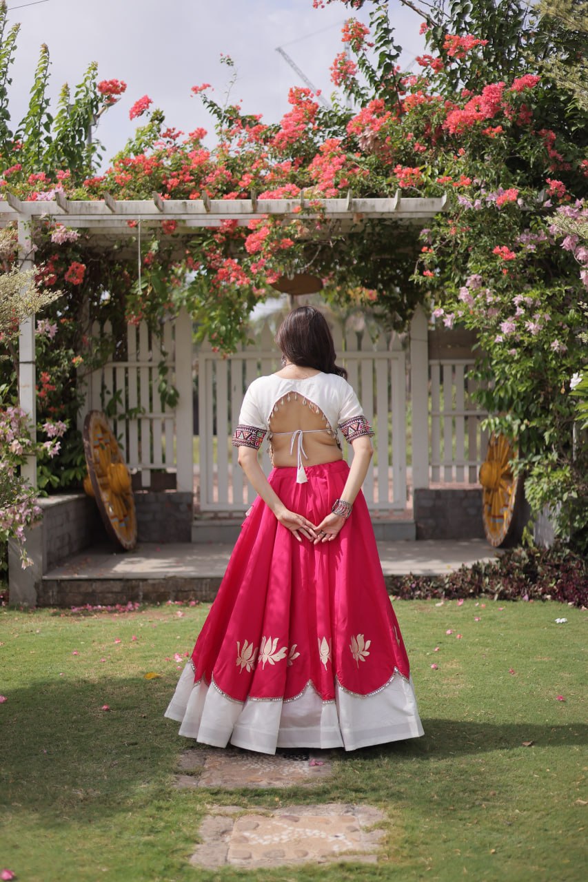 Pink and White Lotus Gota Navratri Lehenga Choli with Kutchi Gamthi Top
