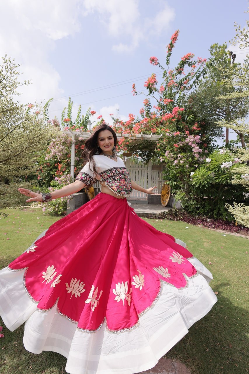 Pink and White Lotus Gota Navratri Lehenga Choli with Kutchi Gamthi Top