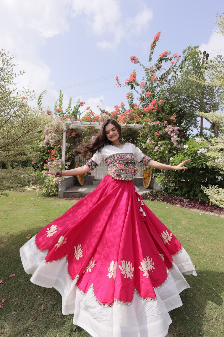 Pink and White Lotus Gota Navratri Lehenga Choli with Kutchi Gamthi Top