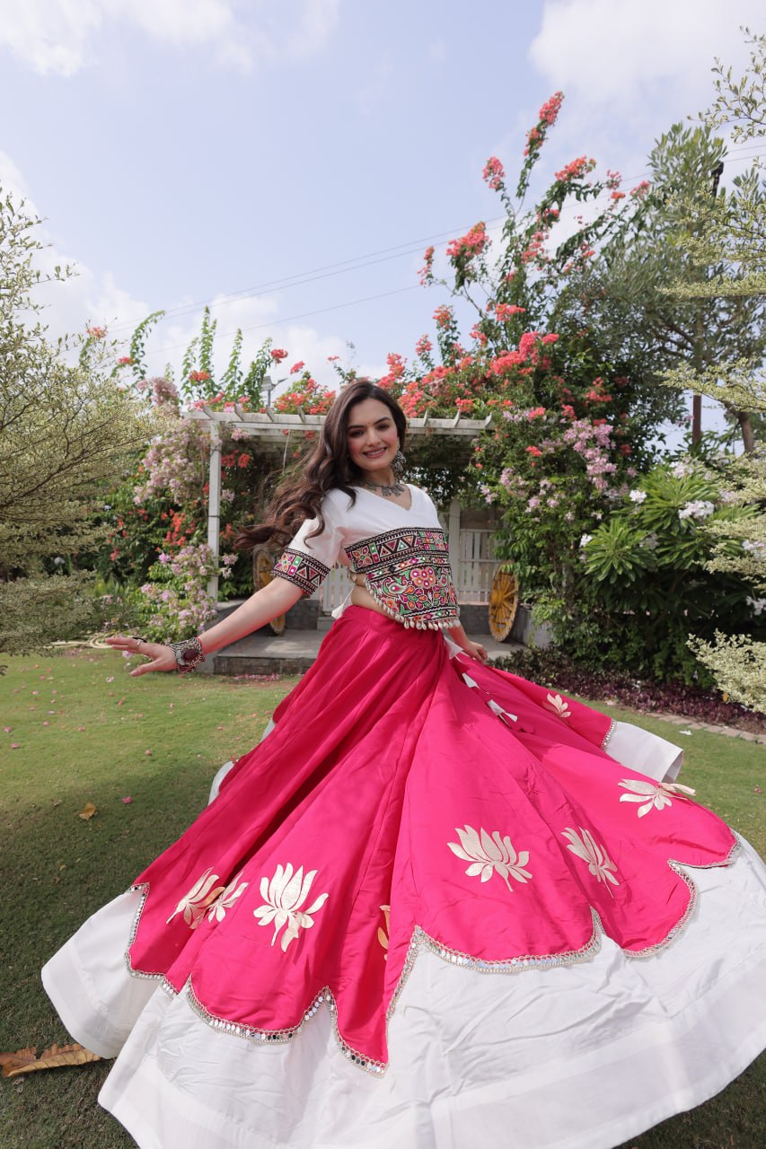 Pink and White Lotus Gota Navratri Lehenga Choli with Kutchi Gamthi Top