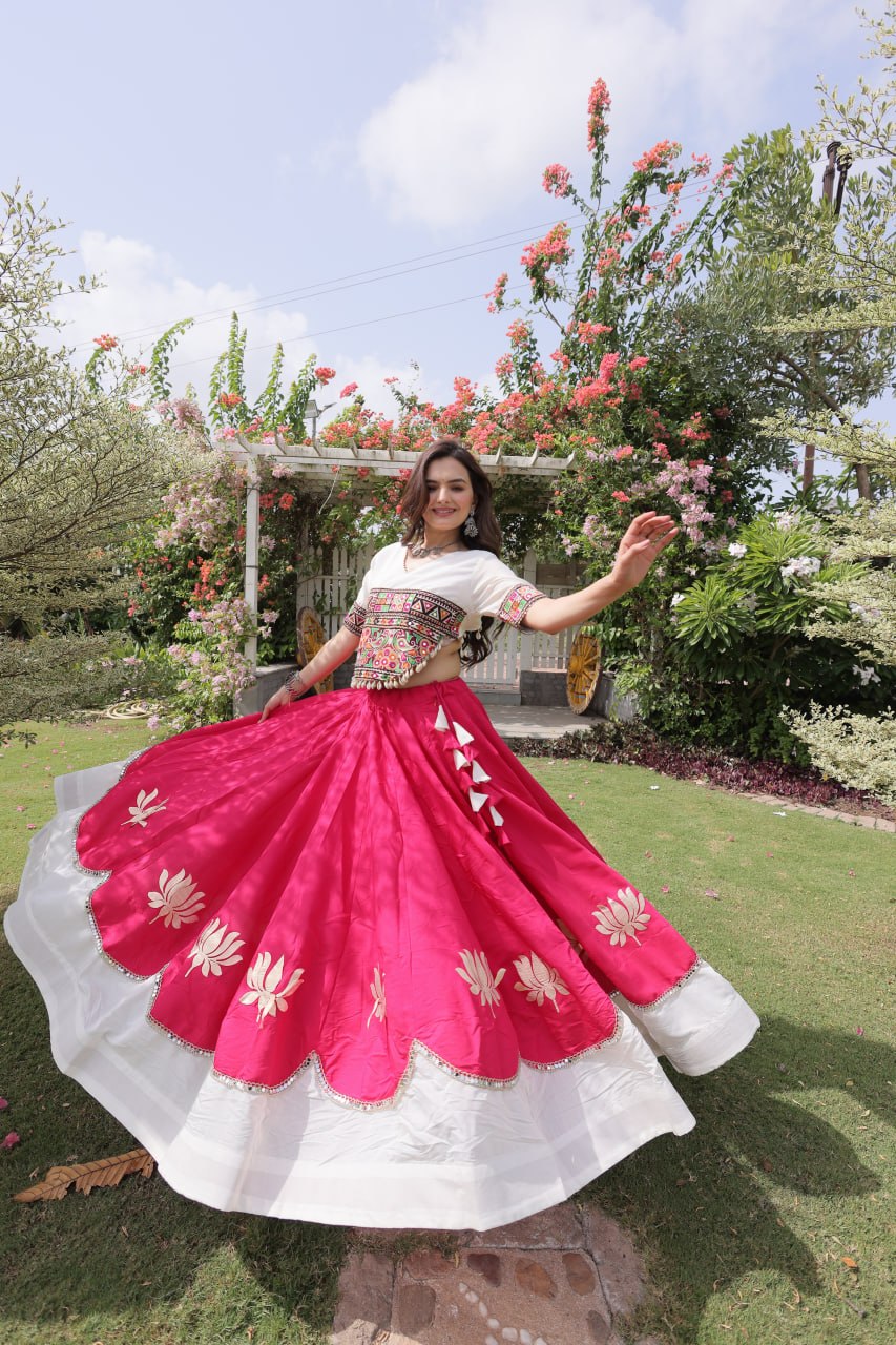 Pink and White Lotus Gota Navratri Lehenga Choli with Kutchi Gamthi Top