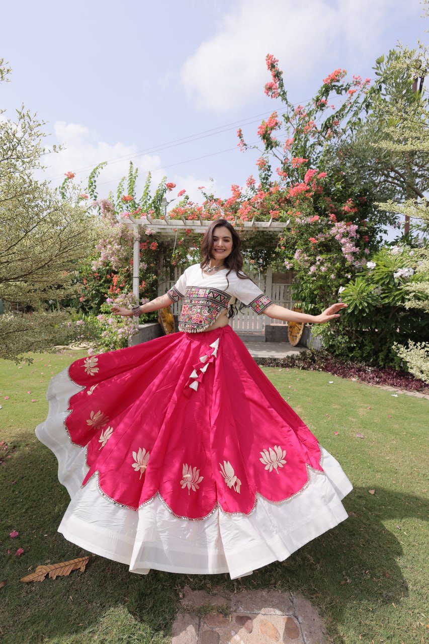 Pink and White Lotus Gota Navratri Lehenga Choli with Kutchi Gamthi Top