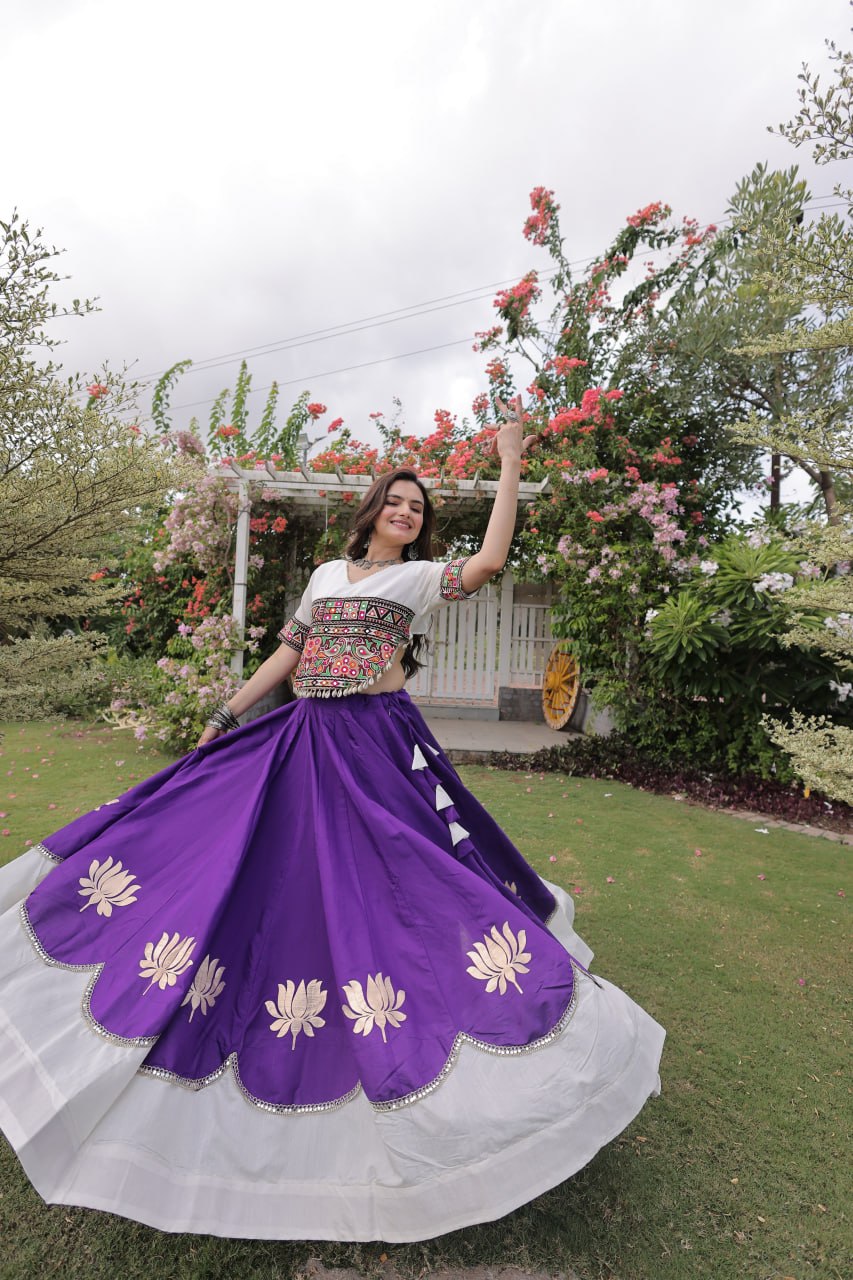 Purple and White Lotus Gota Navratri Lehenga Choli with Kutchi Gamthi Top