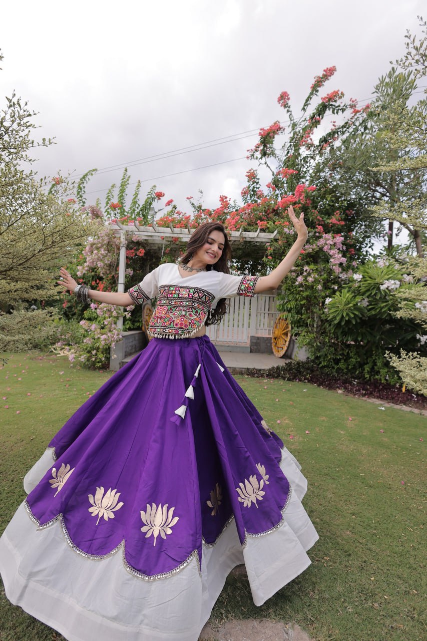 Purple and White Lotus Gota Navratri Lehenga Choli with Kutchi Gamthi Top
