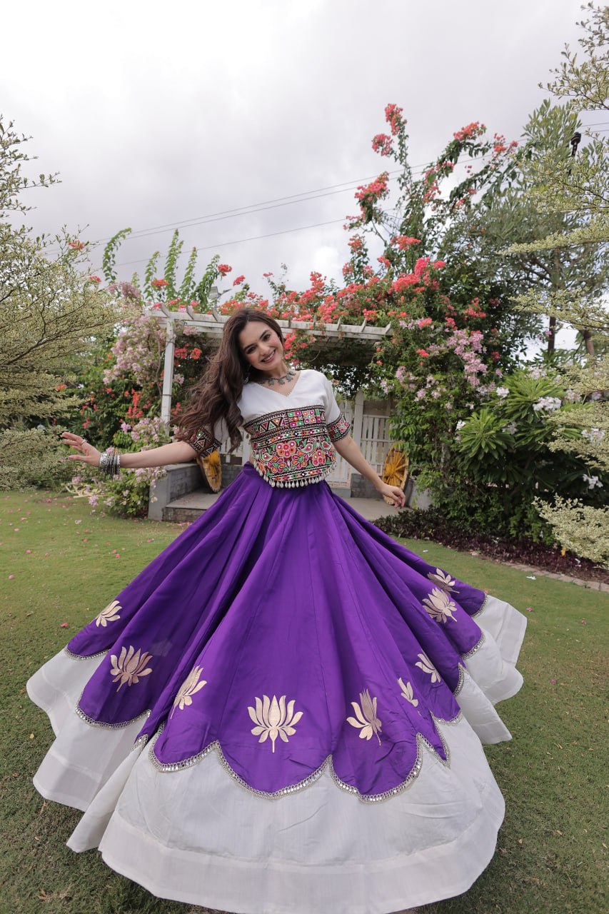 Purple and White Lotus Gota Navratri Lehenga Choli with Kutchi Gamthi Top