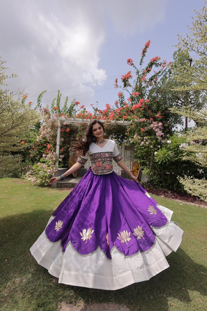 Purple and White Lotus Gota Navratri Lehenga Choli with Kutchi Gamthi Top