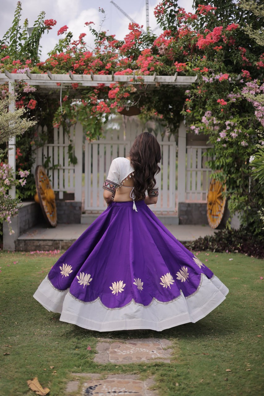 Purple and White Lotus Gota Navratri Lehenga Choli with Kutchi Gamthi Top