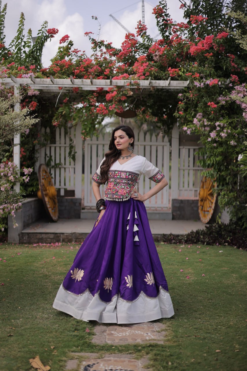 Purple and White Lotus Gota Navratri Lehenga Choli with Kutchi Gamthi Top