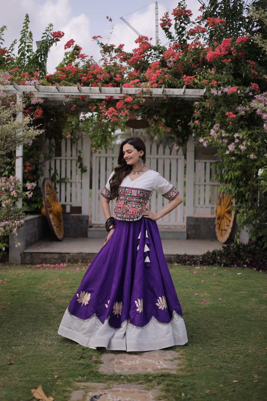 Purple and White Lotus Gota Navratri Lehenga Choli with Kutchi Gamthi Top