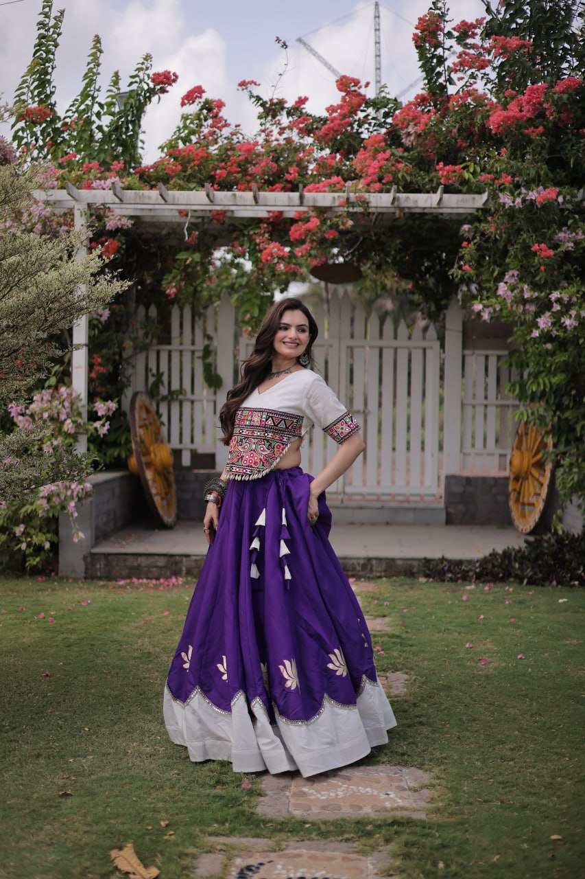 Purple and White Lotus Gota Navratri Lehenga Choli with Kutchi Gamthi Top
