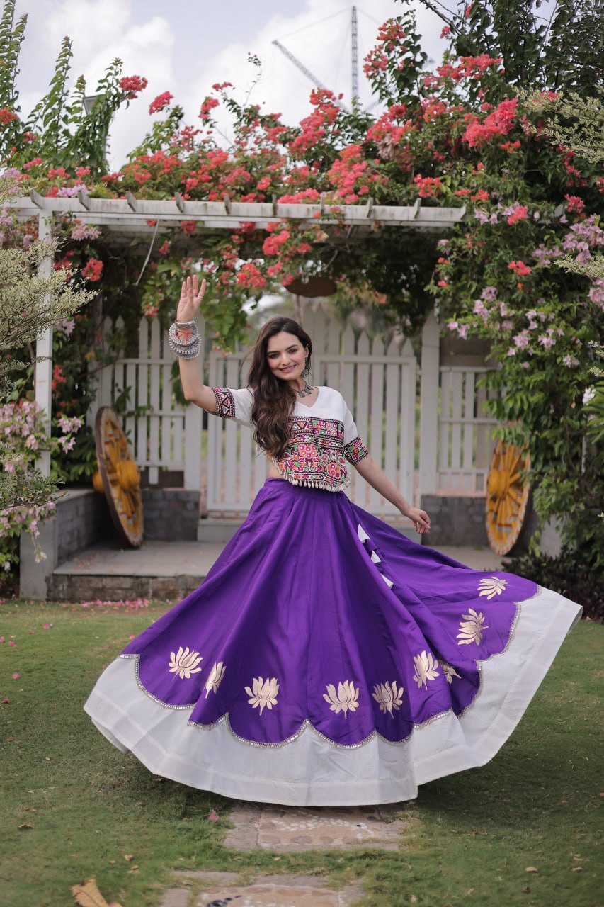 Purple and White Lotus Gota Navratri Lehenga Choli with Kutchi Gamthi Top