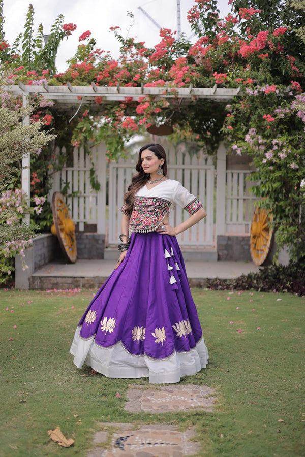 Purple and White Lotus Gota Navratri Lehenga Choli with Kutchi Gamthi Top
