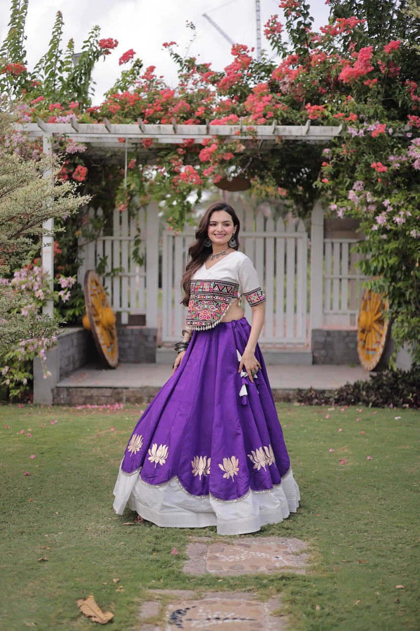 Purple and White Lotus Gota Navratri Lehenga Choli with Kutchi Gamthi Top