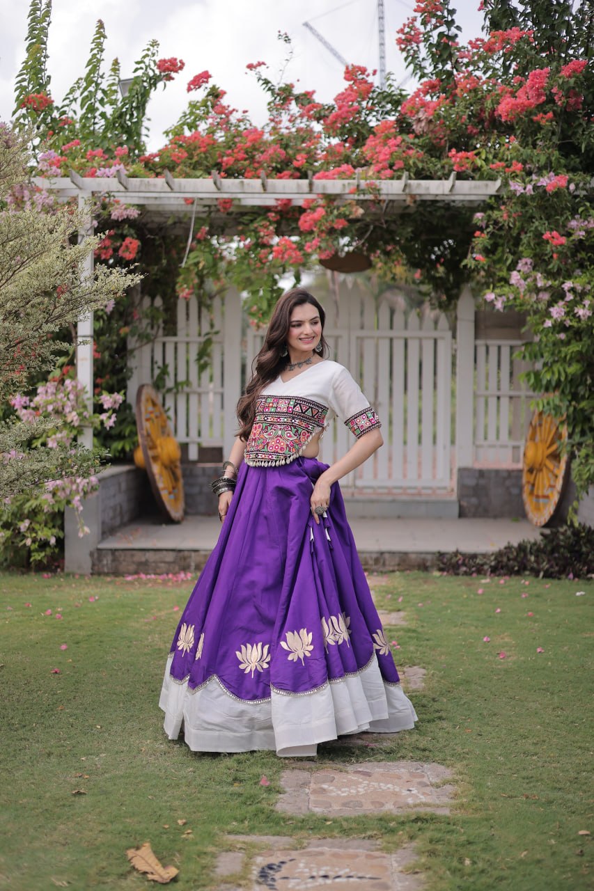 Purple and White Lotus Gota Navratri Lehenga Choli with Kutchi Gamthi Top
