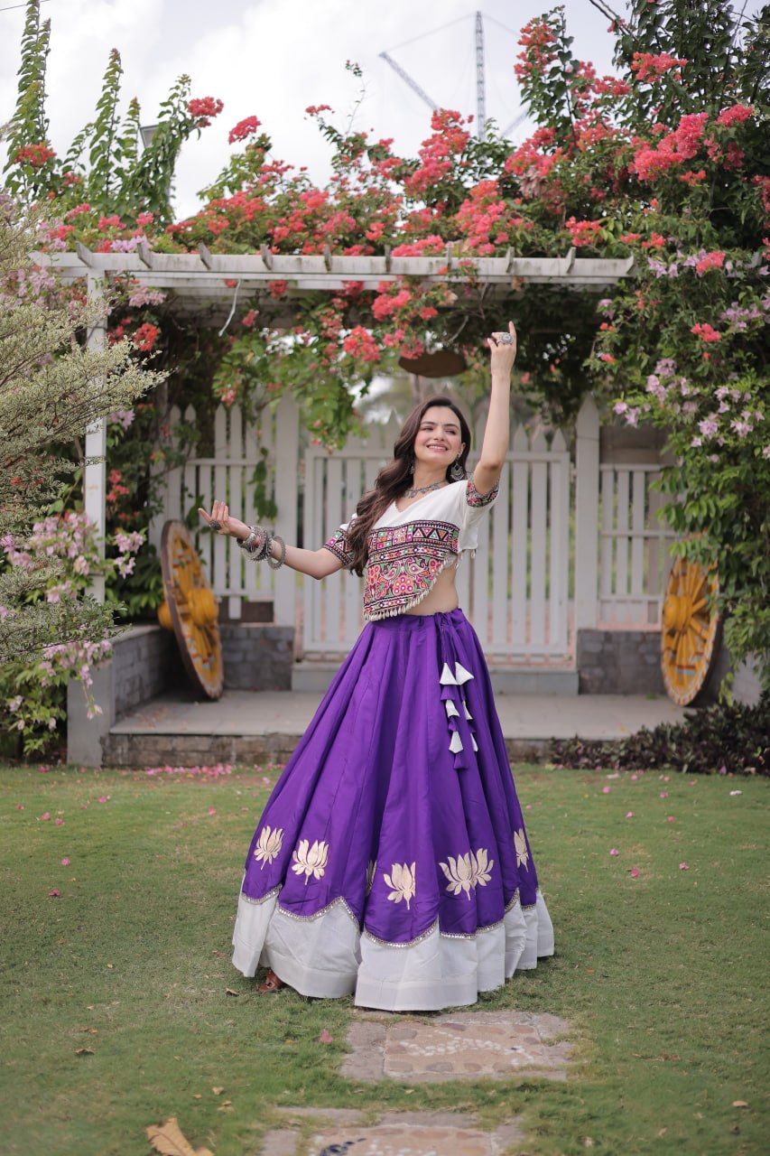 Purple and White Lotus Gota Navratri Lehenga Choli with Kutchi Gamthi Top