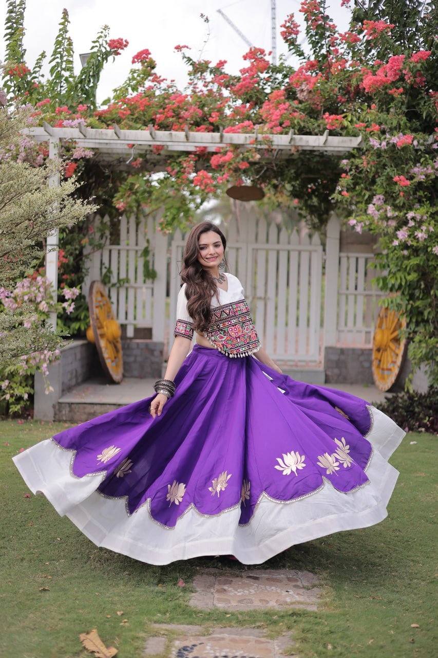 Purple and White Lotus Gota Navratri Lehenga Choli with Kutchi Gamthi Top
