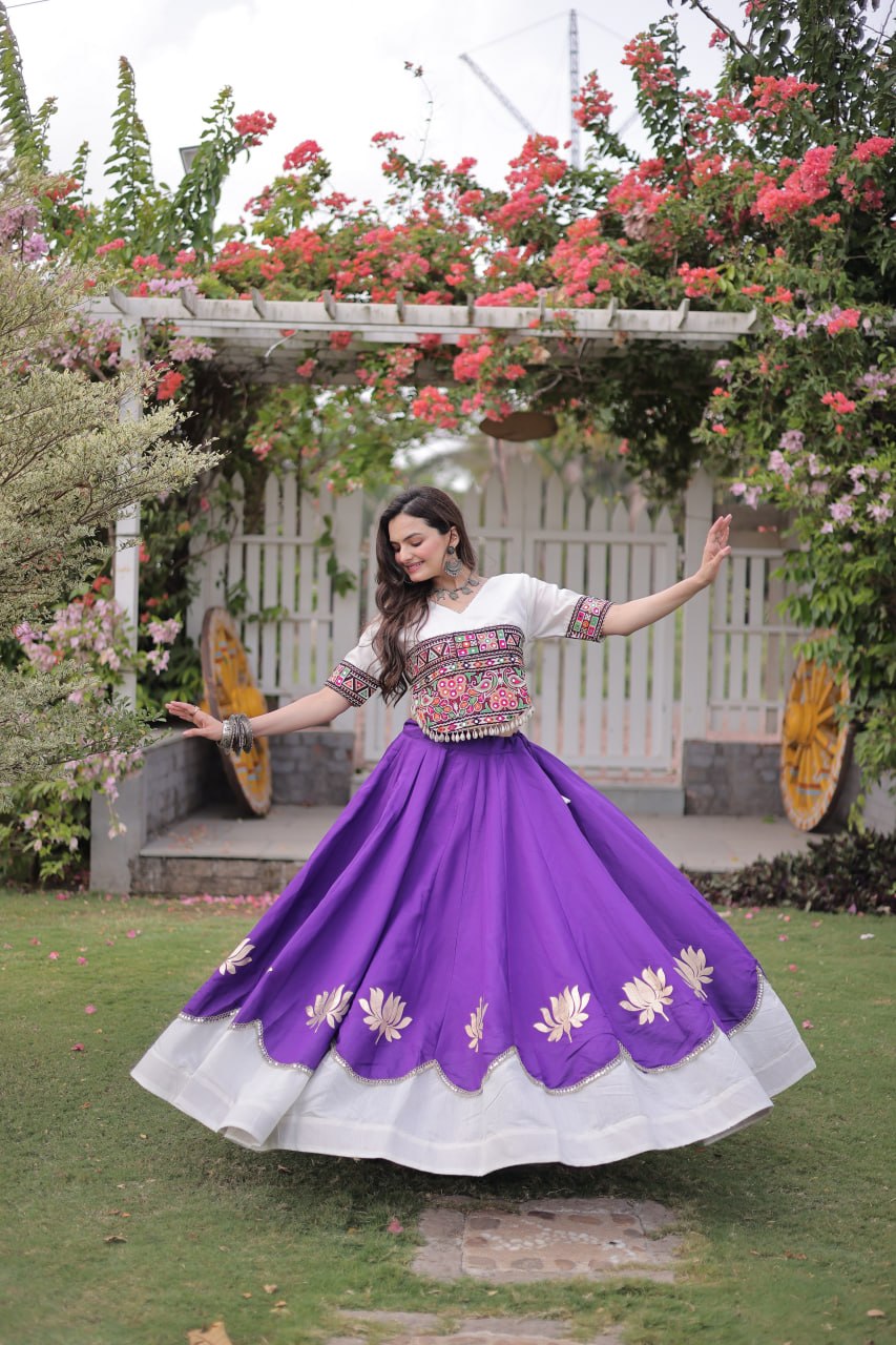 Purple and White Lotus Gota Navratri Lehenga Choli with Kutchi Gamthi Top