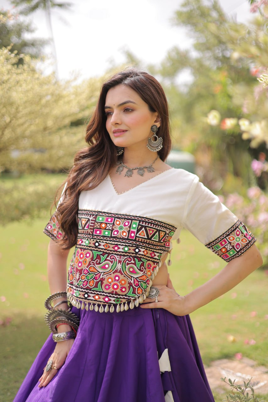 Purple and White Lotus Gota Navratri Lehenga Choli with Kutchi Gamthi Top