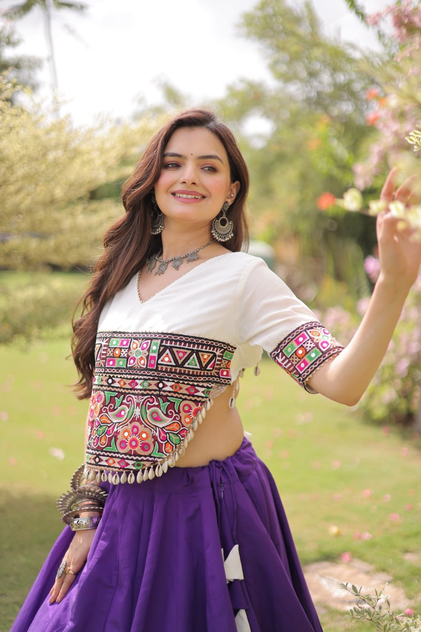 Purple and White Lotus Gota Navratri Lehenga Choli with Kutchi Gamthi Top