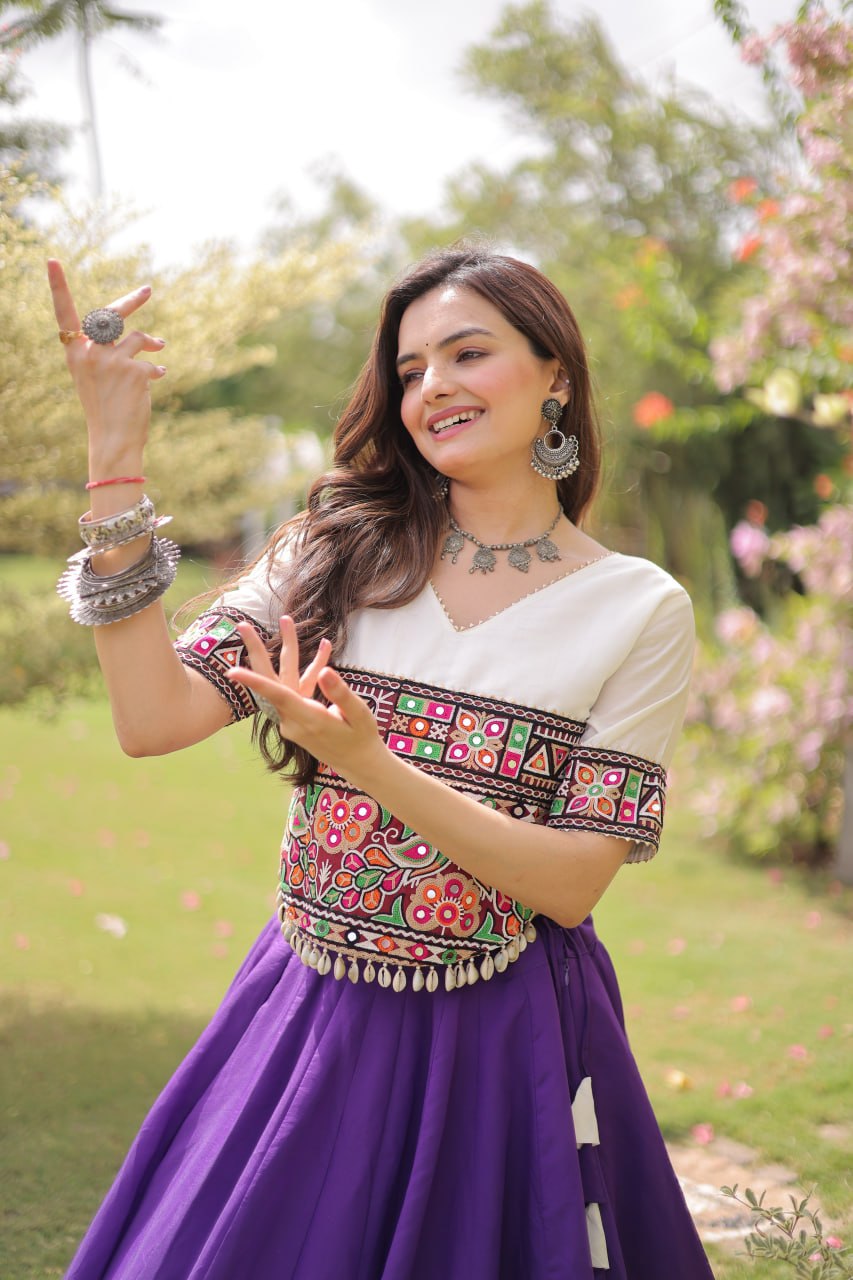 Purple and White Lotus Gota Navratri Lehenga Choli with Kutchi Gamthi Top