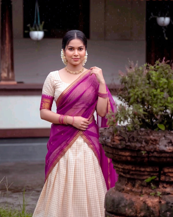 Ivory Checked Poly Cotton Half Saree Lehenga with Purple Dupatta