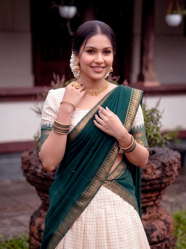 Ivory Checked Poly Cotton Half Saree Lehenga with Dark Green Dupatta