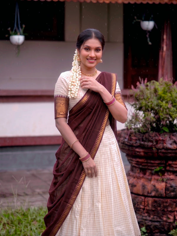 Ivory Checked Poly Cotton Half Saree Lehenga with Maroon Dupatta