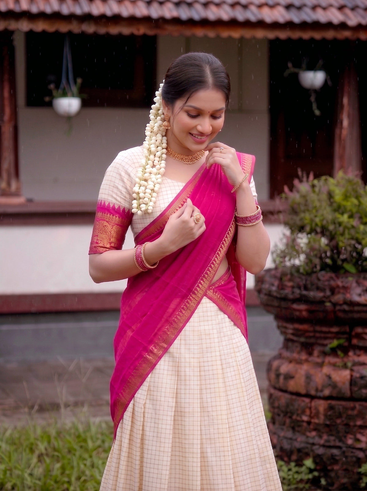 Ivory Checked Poly Cotton Half Saree Lehenga with Pink Dupatta