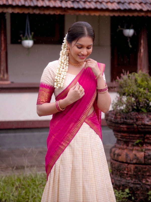 Ivory Checked Poly Cotton Half Saree Lehenga with Pink Dupatta
