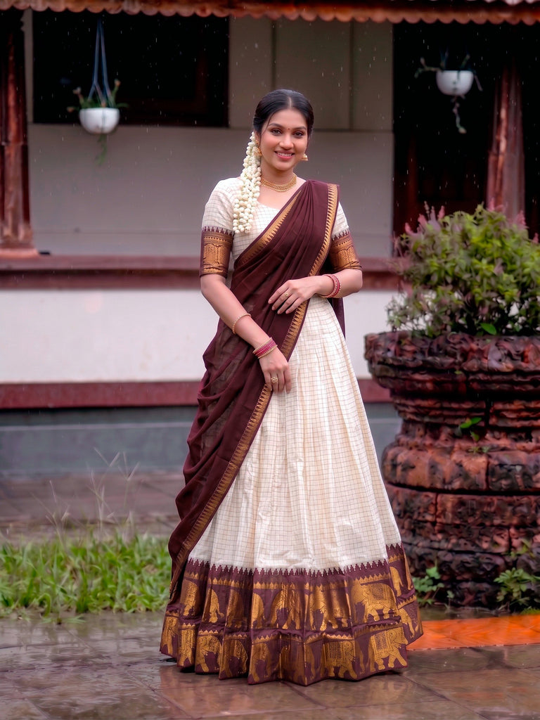 Ivory Checked Poly Cotton Half Saree Lehenga with Maroon Dupatta